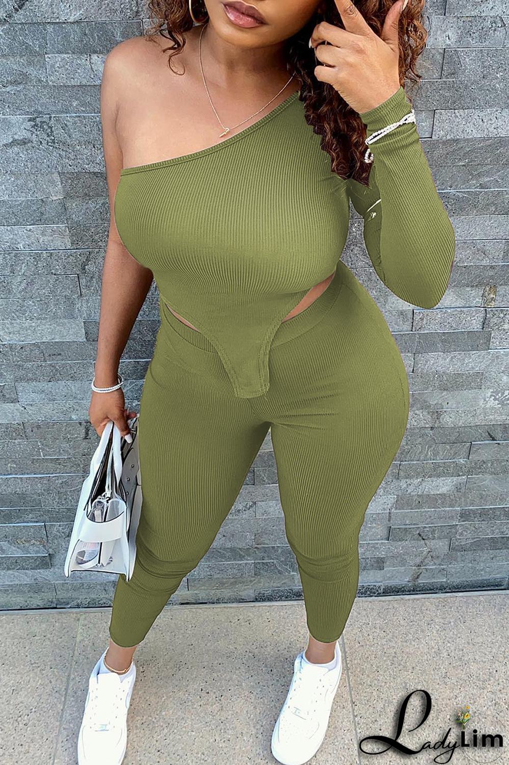 Black Sexy Solid Split Joint One Shoulder Three Quarter Two Pieces