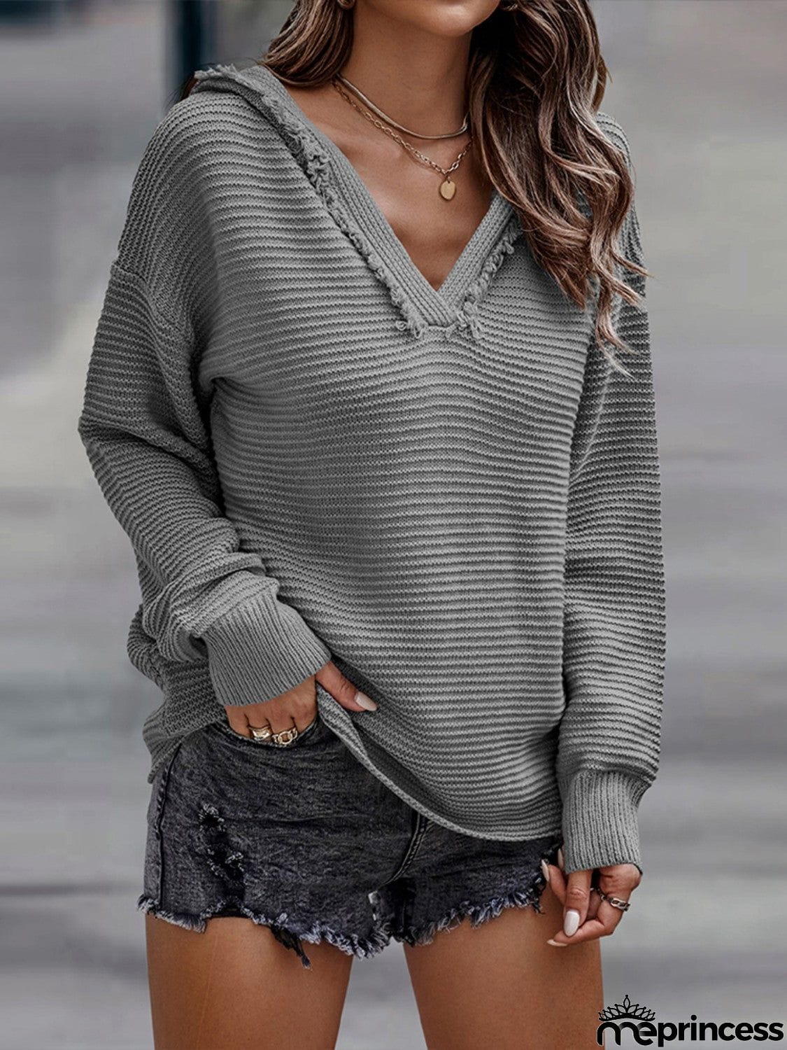 Horizontal Ribbing Hooded Sweater