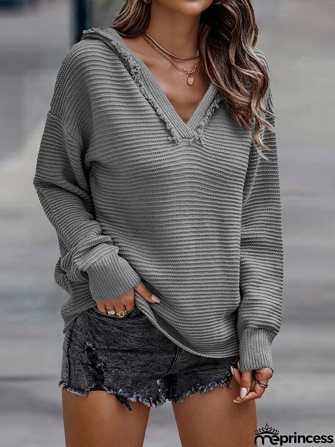 Horizontal Ribbing Hooded Sweater