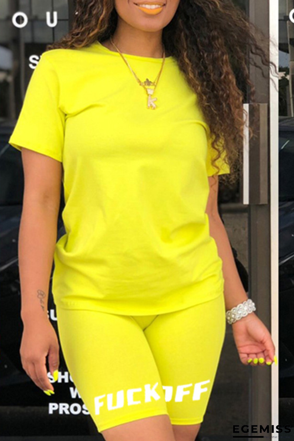 Yellow Casual Print Patchwork O Neck Short Sleeve Two Pieces | EGEMISS