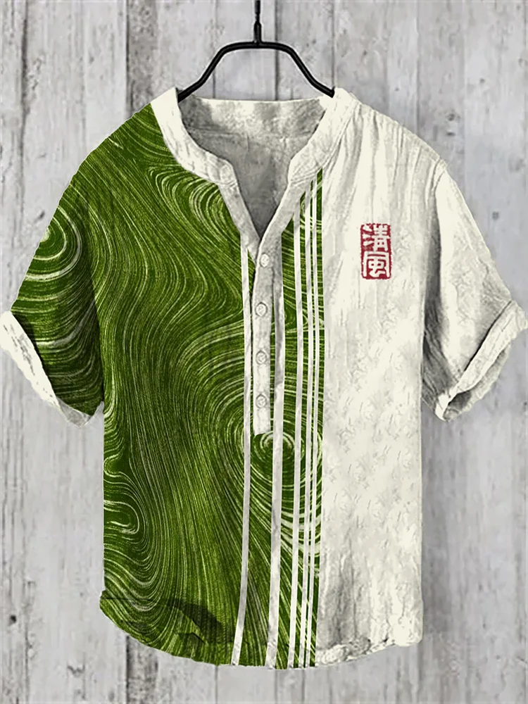 Men's Japanese Matcha Oil Liquid Painting Print Half Button Linen Blend Shirt