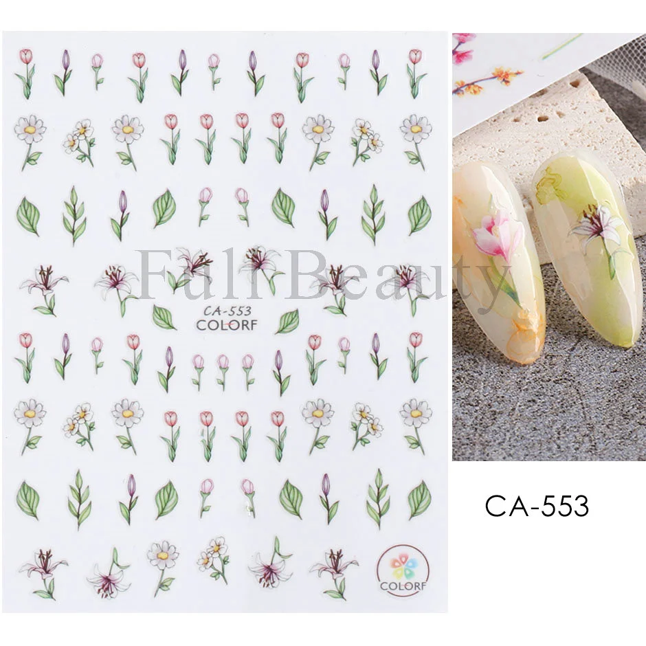 Churchf Nail Stickers Flowers Geometric Lines Decor Acrylic Embossed Sliders Gold Frame Nail Decals Cherry Blossom Manicure GLJI-5D05-Nail Inspo