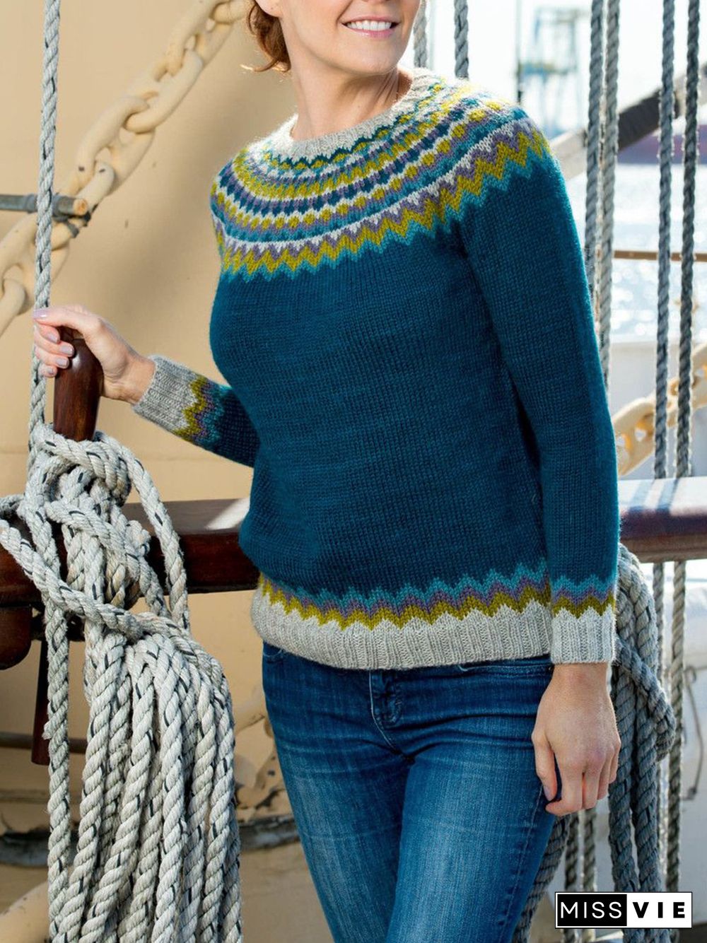 Women Vintage Ethnic Winter Polyester Micro-Elasticity Daily Plus Size Long sleeve Crew Neck Sweater