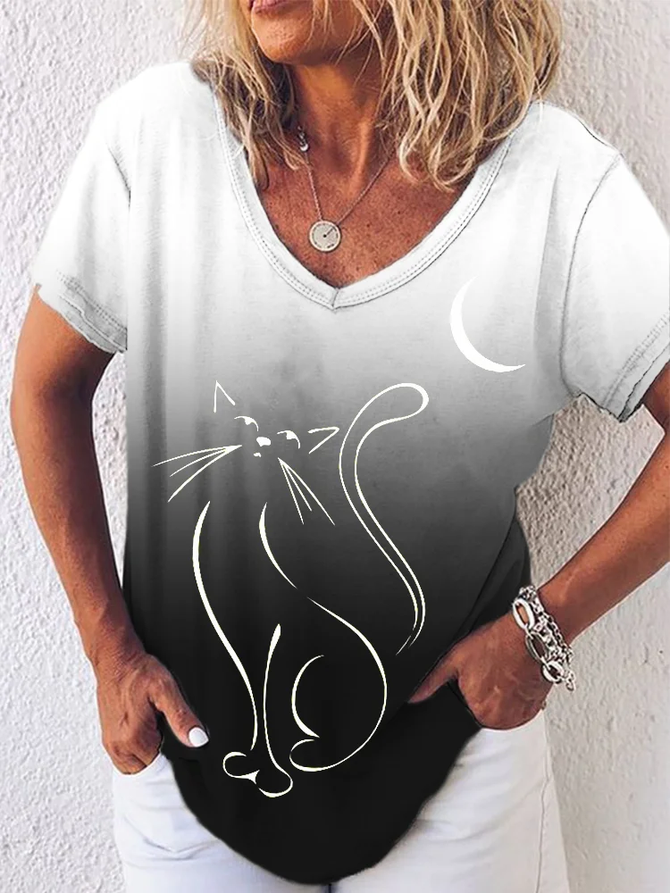 Cat And Moon Gradient Short Sleeve T Shirt
