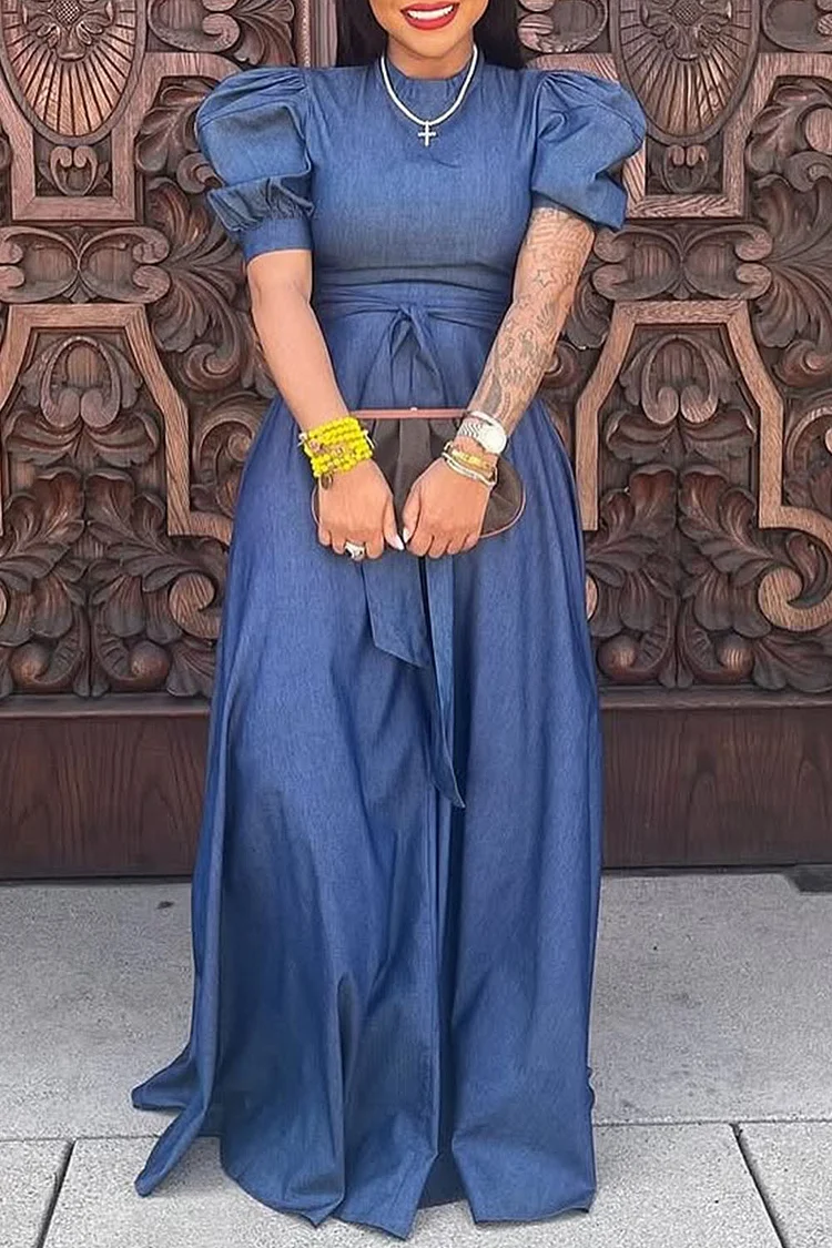 Plus Size Vacation Blue Casual Round Neck Short Sleeve Wrap Tencel Denim Maxi Dresses [Pre-Order]