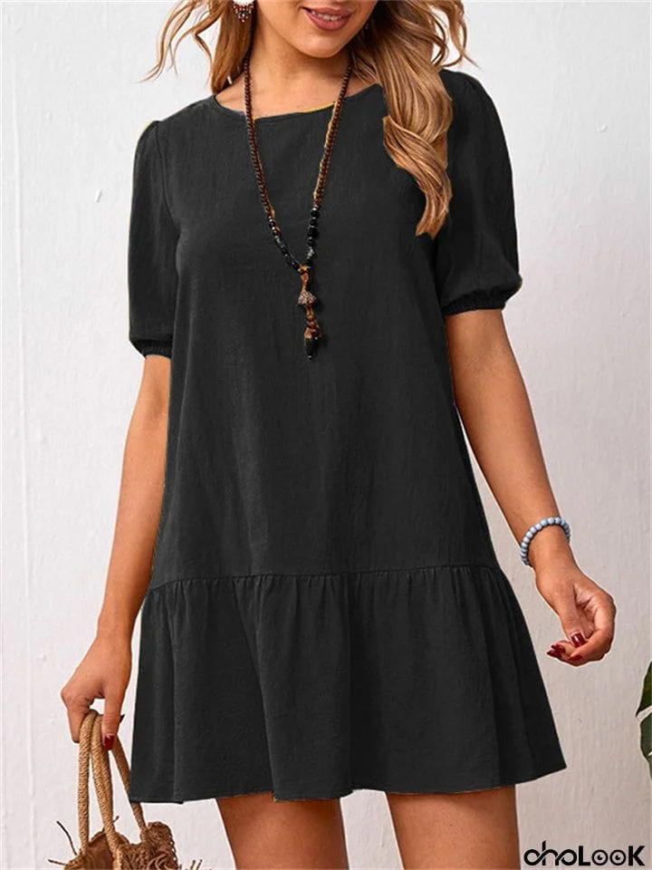 Linen Cotton Round Neck Pullover Solid Elastic Waist Female Dresses