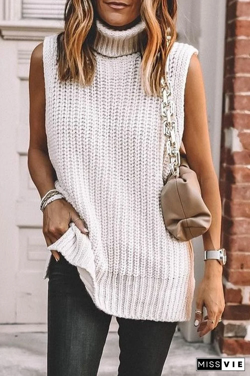 Turndown Collar Sleeveless Casual Sweater