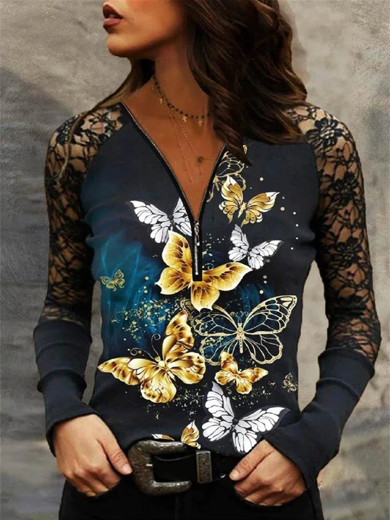 Women's Long Sleeve V-neck Lace Stitching Graphic Printed Top