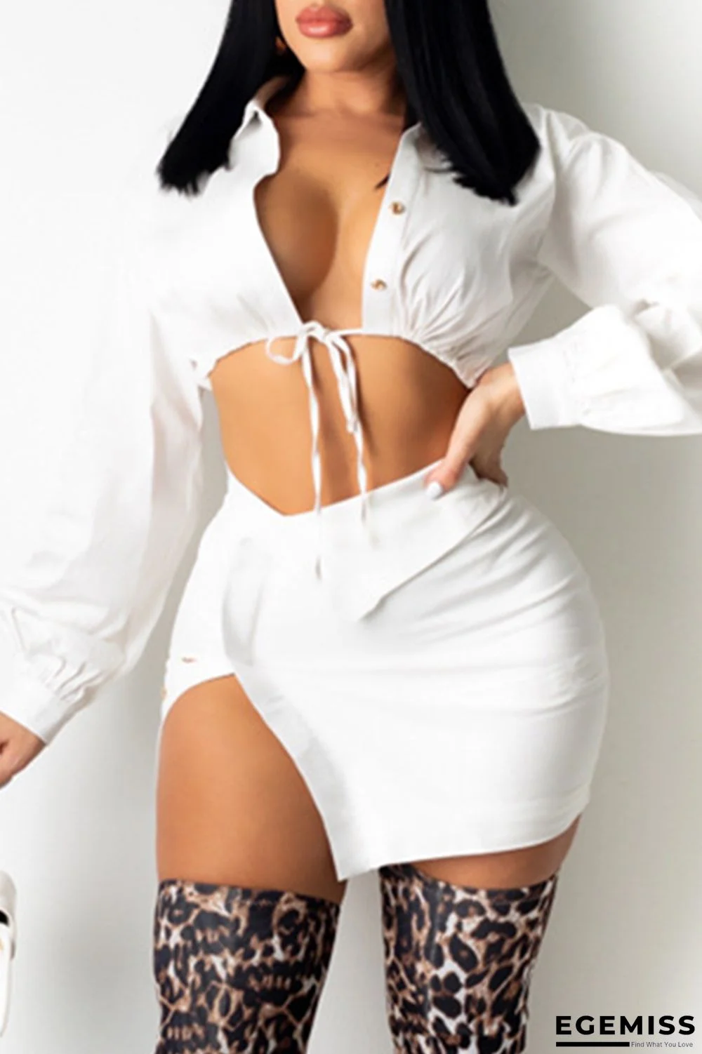 White Fashion Sexy Solid Bandage Turndown Collar Long Sleeve Two Pieces | EGEMISS