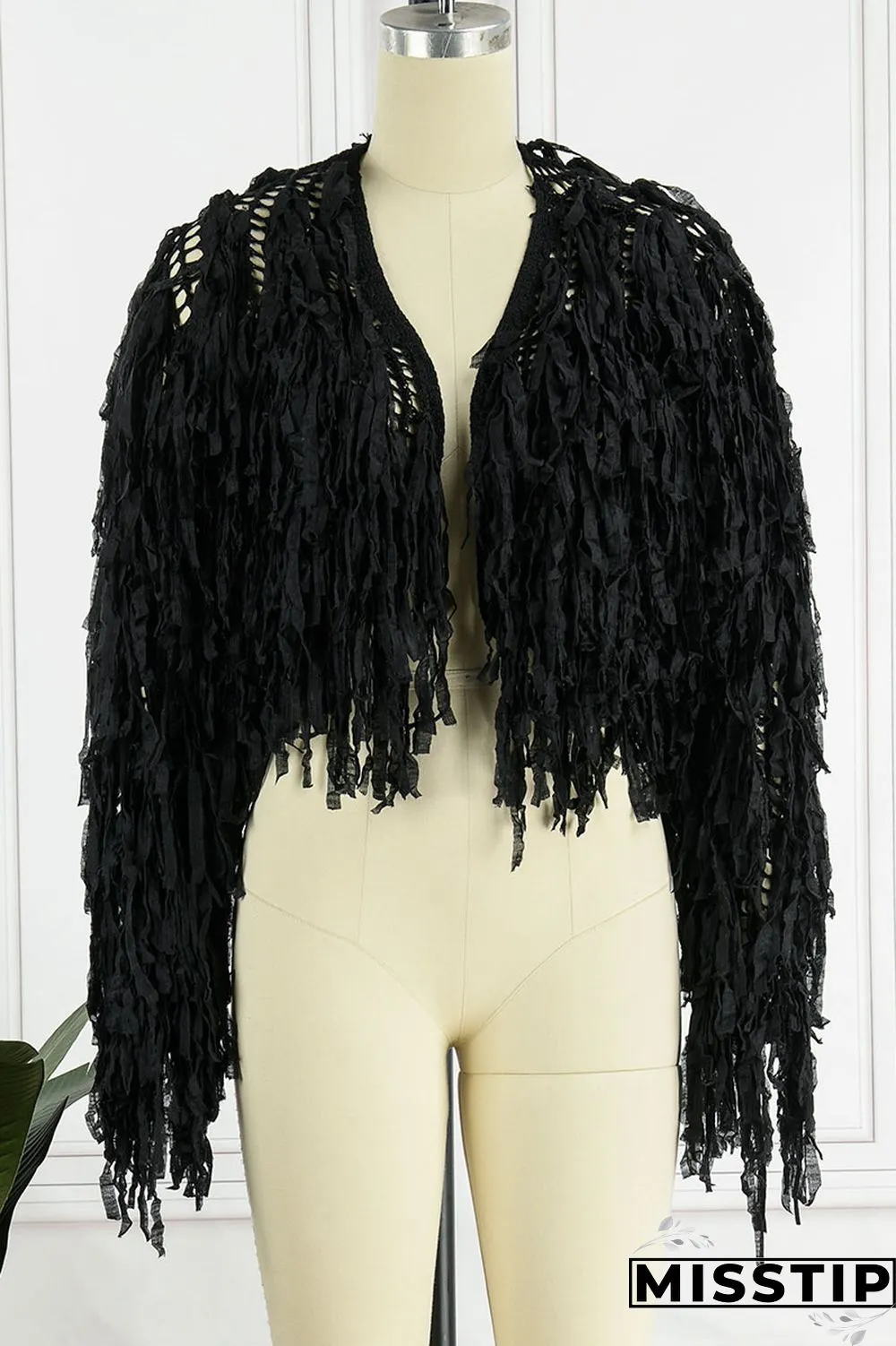 Blue Street Solid Tassel Patchwork Cardigan Collar Outerwear
