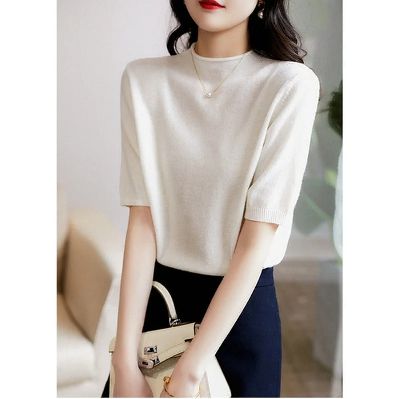 2021 New Casual Knitted Women Tops Summer Solid Loose Half-Turtleneck Blouse Women Clothing Fashion Chic Korean Clothes 13777