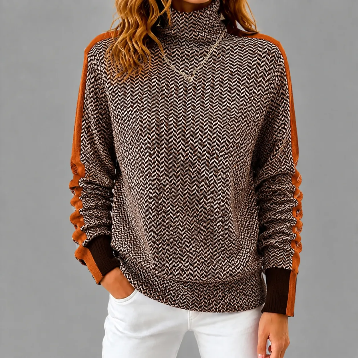 Comstylish Women's Color Block High Neck Knit Sweater