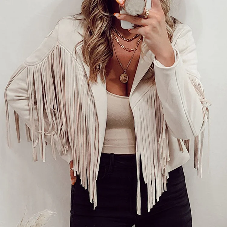 Western Suede Notch Lapel Fringe Long Sleeve Jacket