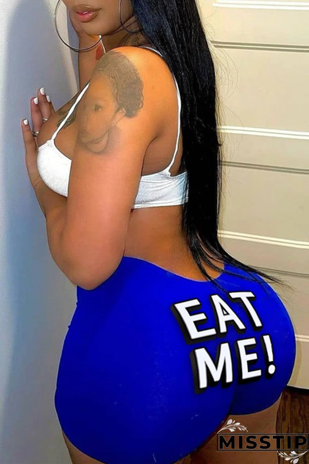 Blue Sexy Living Letter Print Backless Spaghetti Strap Sleeveless Two Pieces
