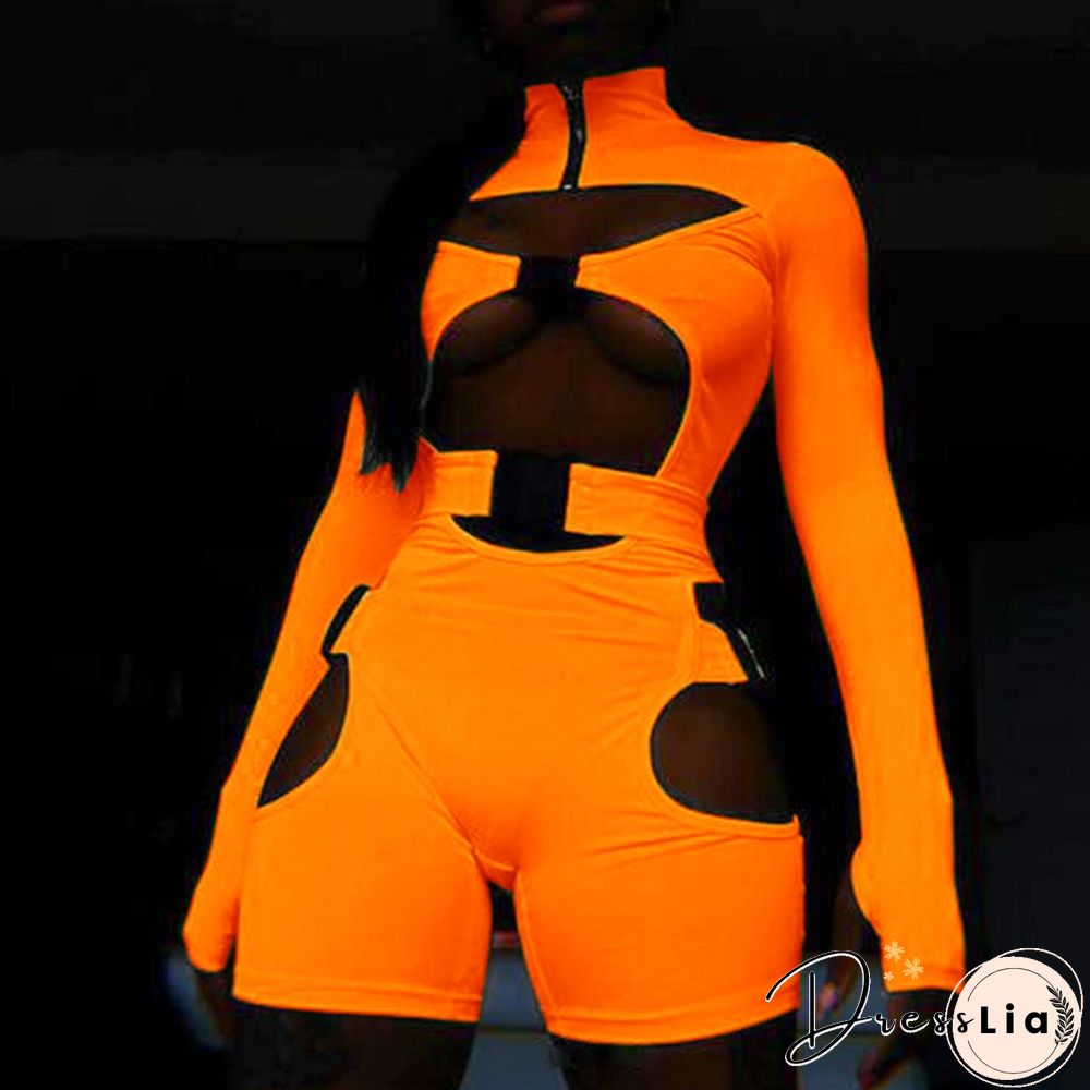 Women's Shorts Fluorescent Green Long Sleeve Jumpsuit