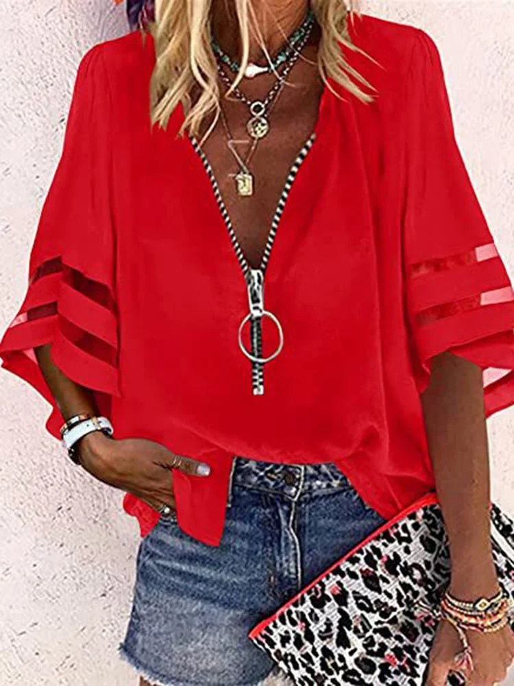 Women's Casual Lace Patchwork Flared Mesh Sleeve Zipper V-Neck Blouse T-Shirt