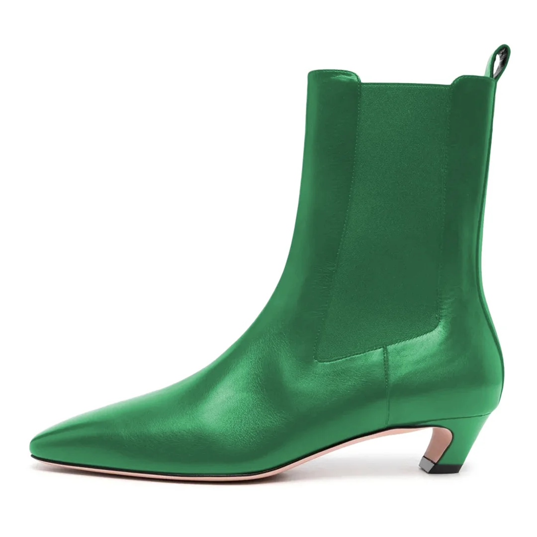 Metallic Green Pointed Toe Kitten Heel Slip On Chelsea Boots