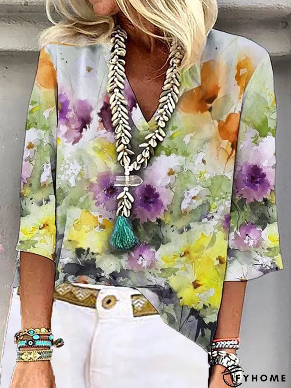 Casual Floral Loose V Neck Three Quarter Top | IFYHOME