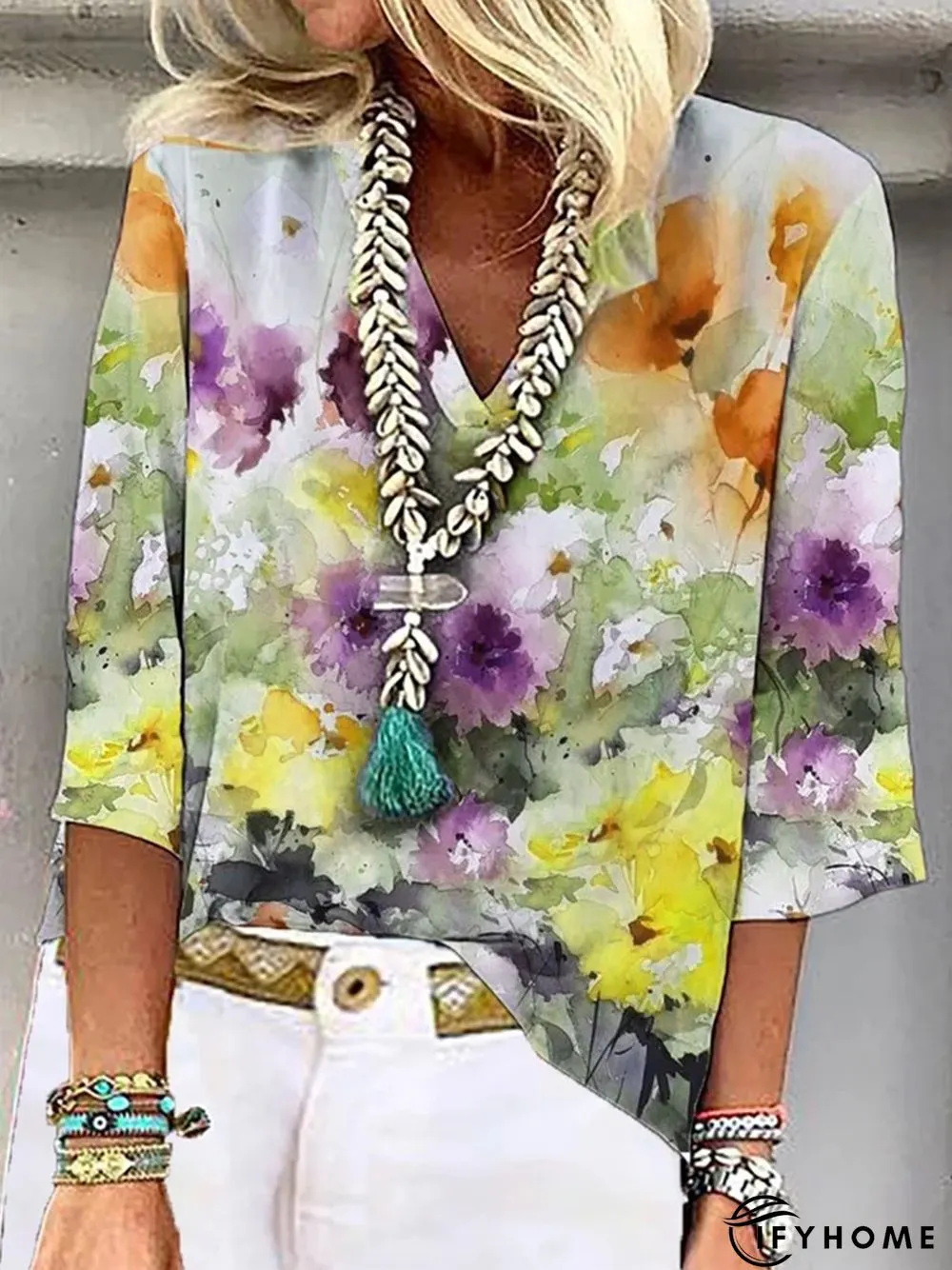 Casual Floral Loose V Neck Three Quarter Top | IFYHOME
