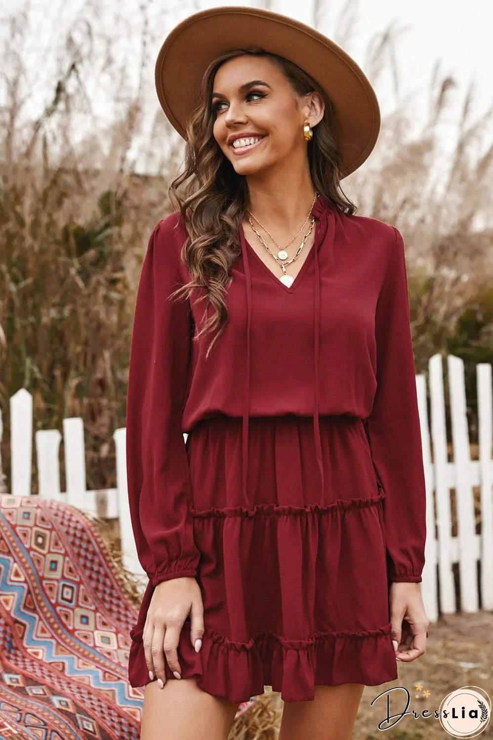 Tied Frill Trim Puff Sleeve Mini Dress