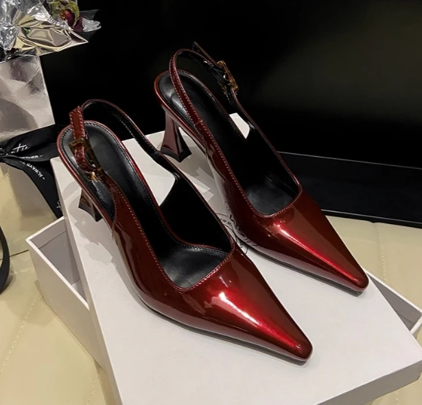2025 spring and summer new pointy high heels shallow heel sandals patent leather sexy women's shoes Versatile pumps