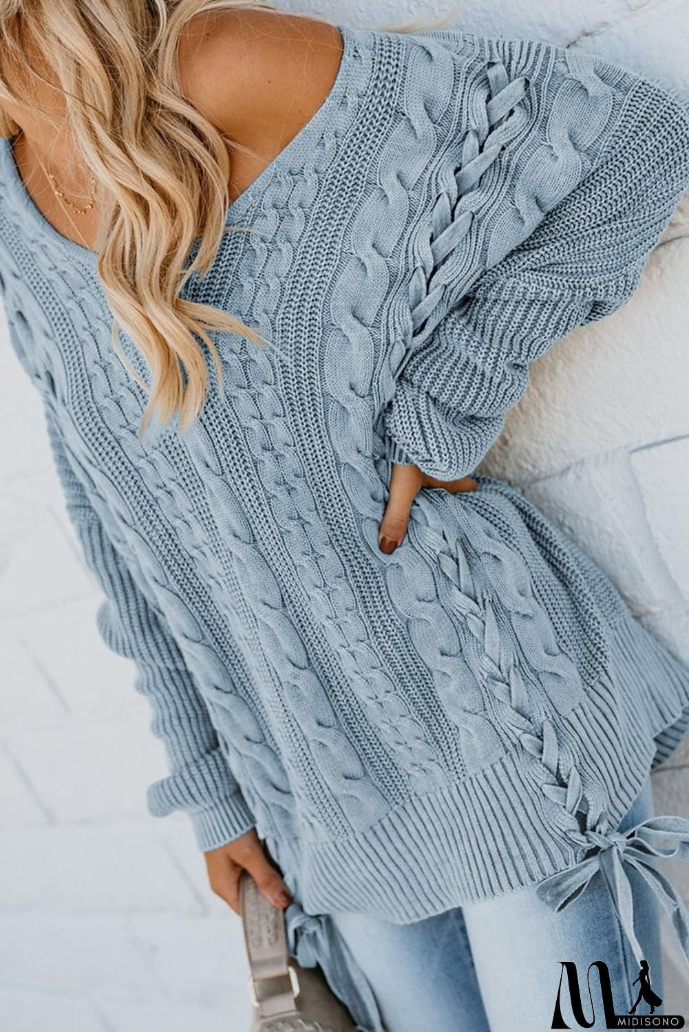 MidiSono - Love Letters Cable Knit Lace Up Sweater