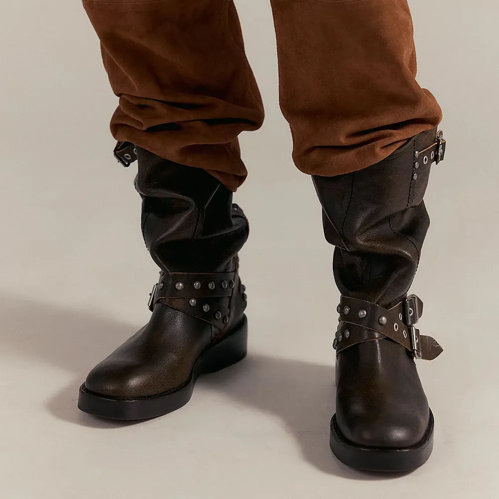 Brown Studded Buckle Mid Calf Grommet Motorcycle Boots for Women