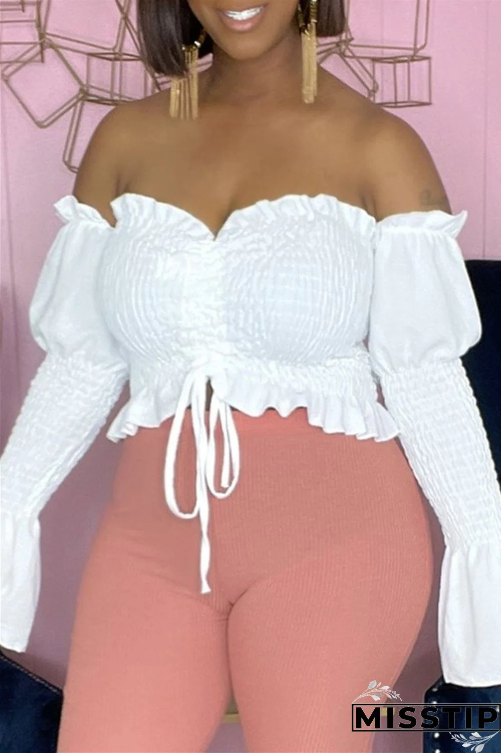 White Sexy Casual Solid Draw String Backless Off the Shoulder Tops