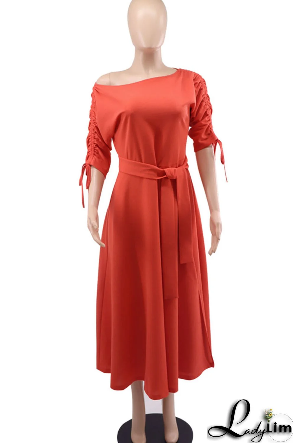 Red Casual Elegant Solid Patchwork Draw String Fold Oblique Collar Dresses