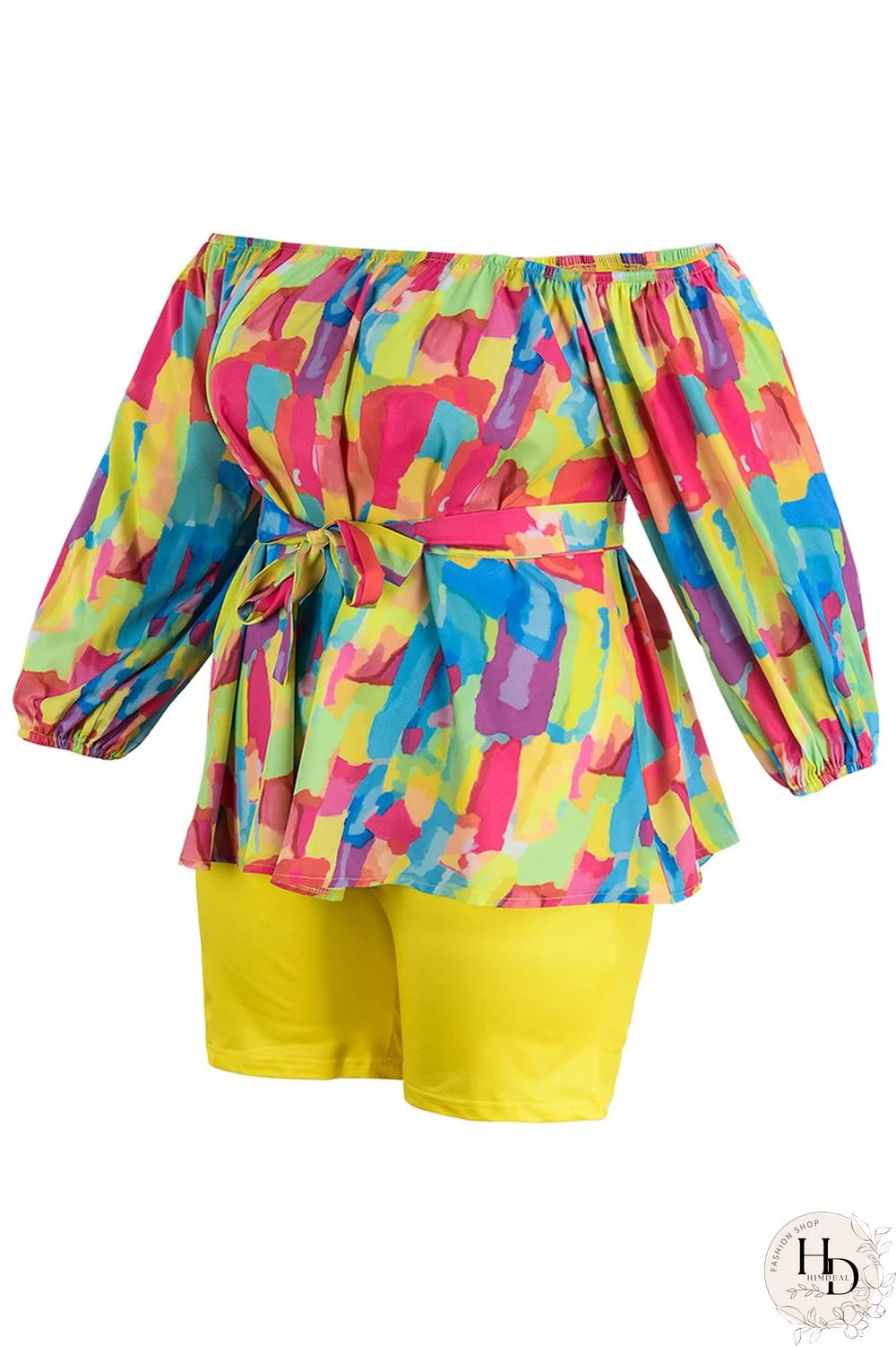 Yellow Casual Print Patchwork Off the Shoulder Long Sleeve Two Pieces