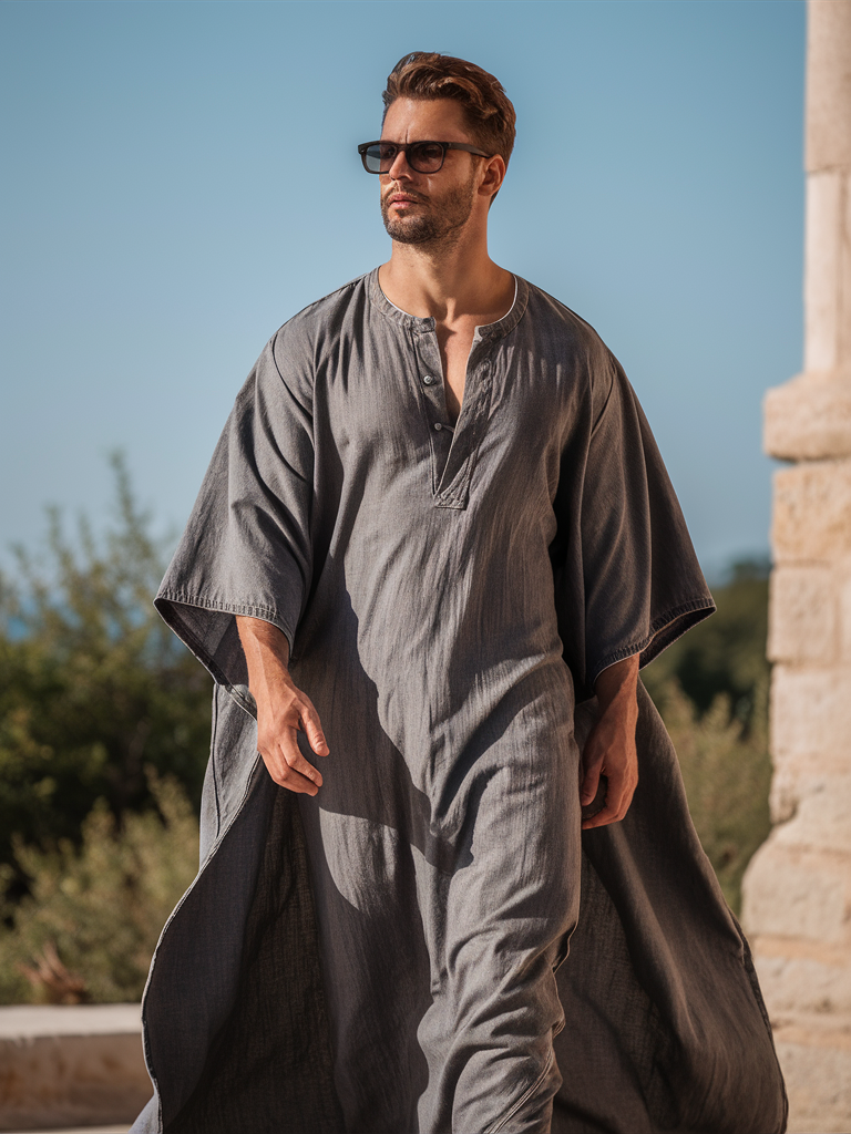 Linen Men's Grey Caftan Long Kaftan