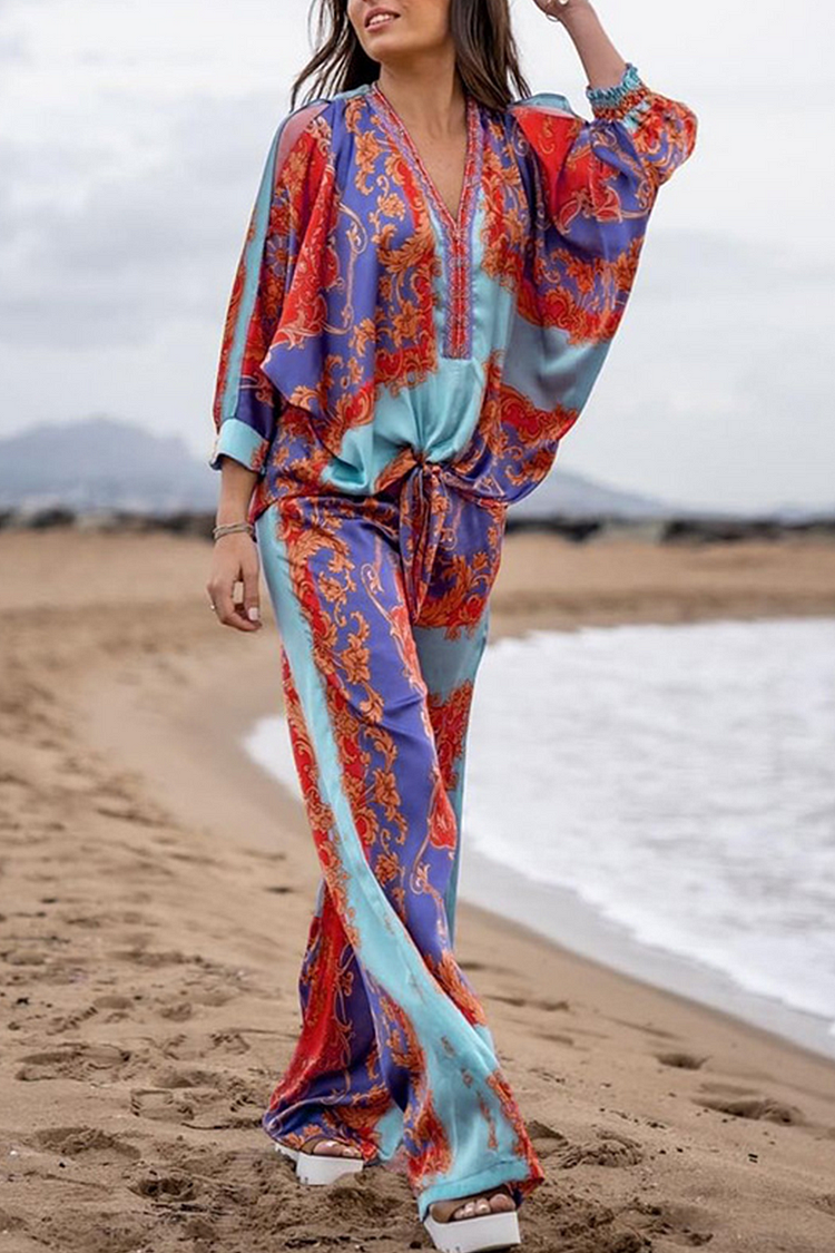 Fashion Print V Neck Three Quarter Two Pieces