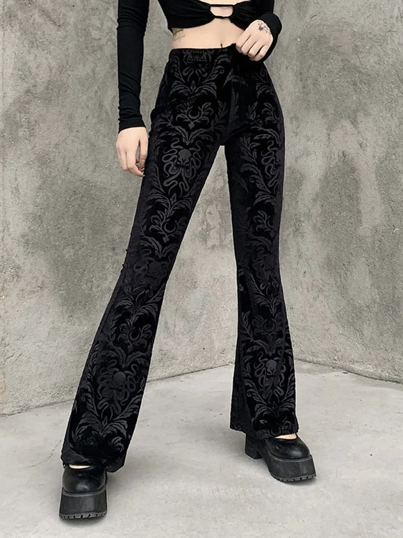 Women's Gothic Long Pants Black Polyester Retro Pants Novameme