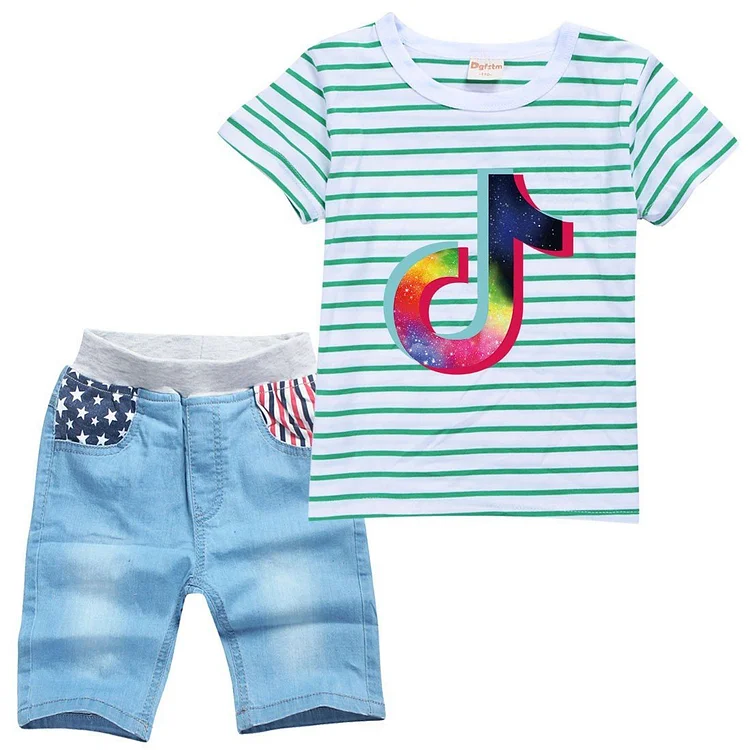 Girls Tik Tok Print Boys Striped T Shirt Stars Denim Shorts Suit Sets-Mayoulove