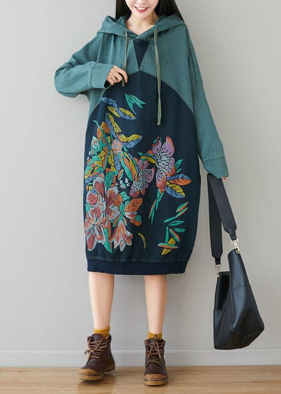 VCSHOES Blue Hooded Pockets Drawstring Print Fall Sweatshirts Dress