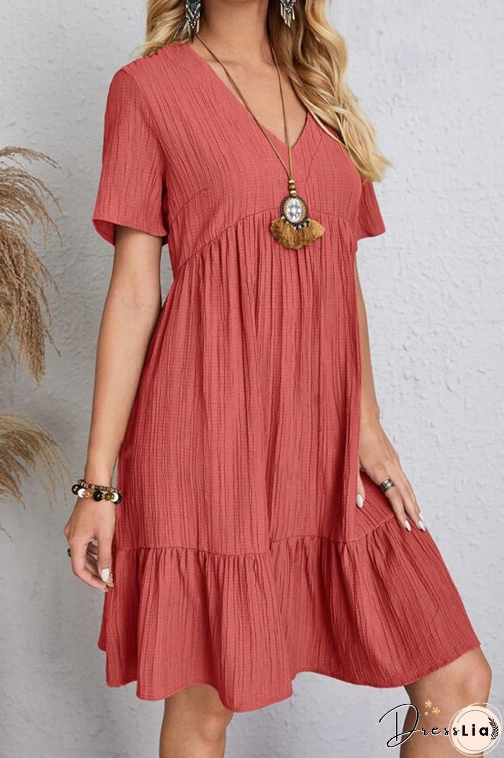 Full Size Ruched V-Neck Short Sleeve Dress