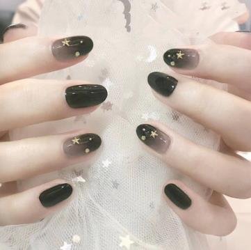 24pcs/set Punk Black Gradient Fake Nails Round Full Cover Gold Moon Star Decal Nail Art Tips Artificial Press on Nails