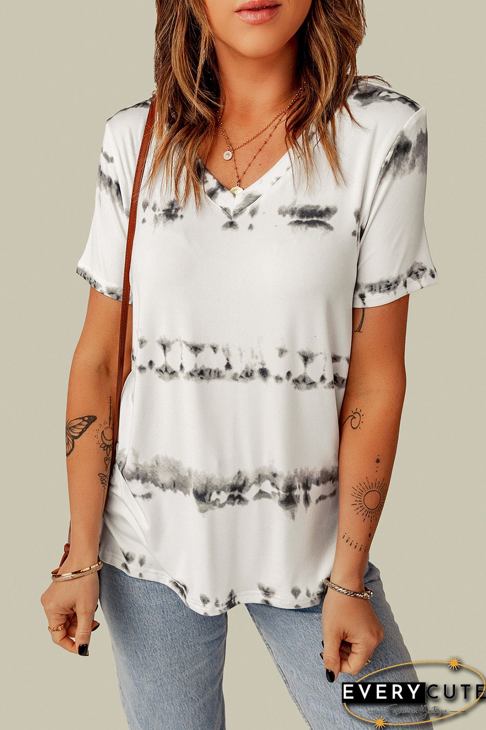 Grey V Neck Tie-dye Tee