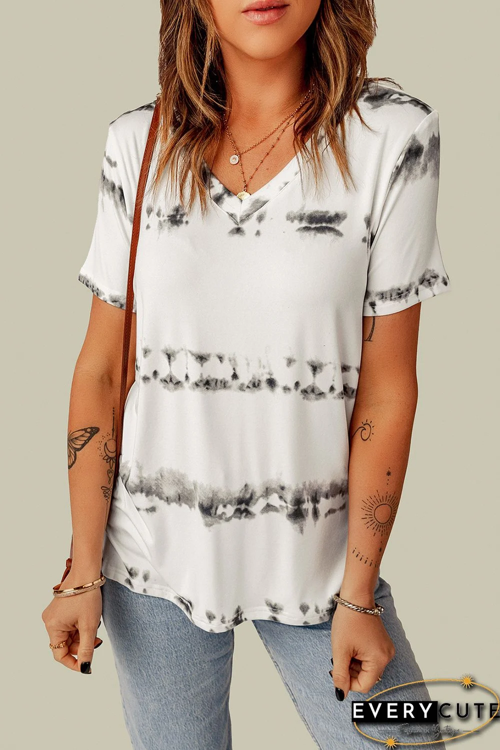 Grey V Neck Tie-dye Tee