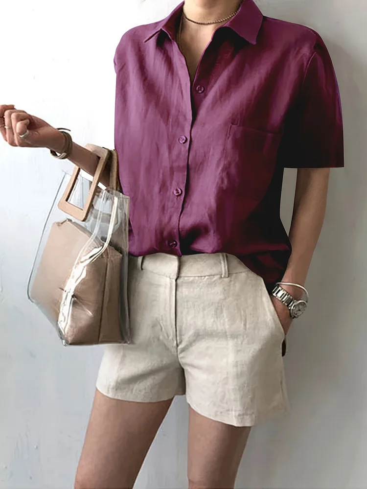 Lightweight Women's Casual Long Sleeve Button-Up Shirt | Solid Color Brown, Collar & Cuffs, With Pocket For Spring/Summer Outing