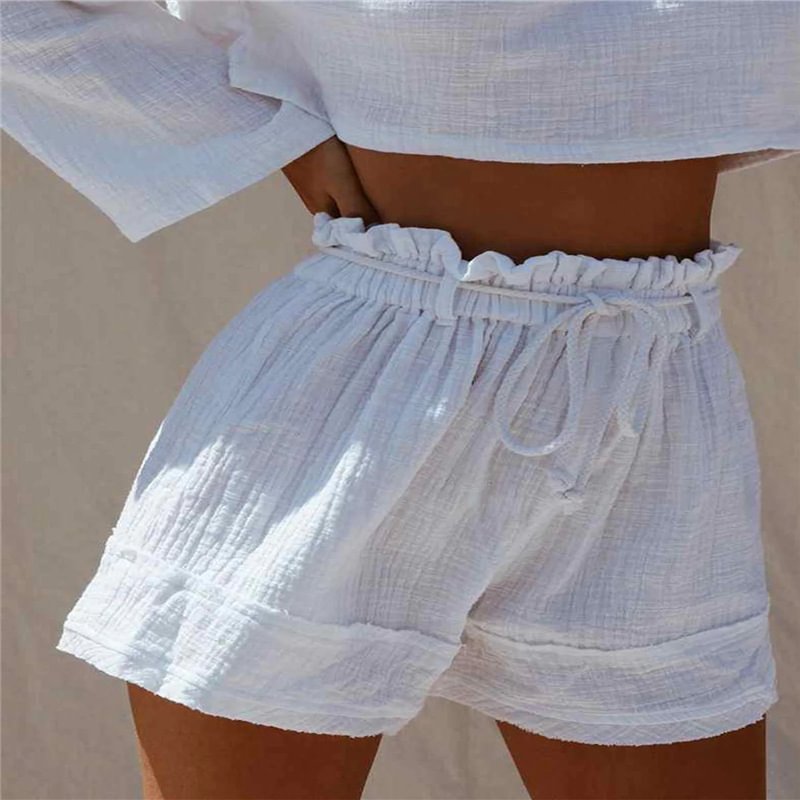 Solid Color Loose Pleated Elastic Waistband Cotton Linen Shorts