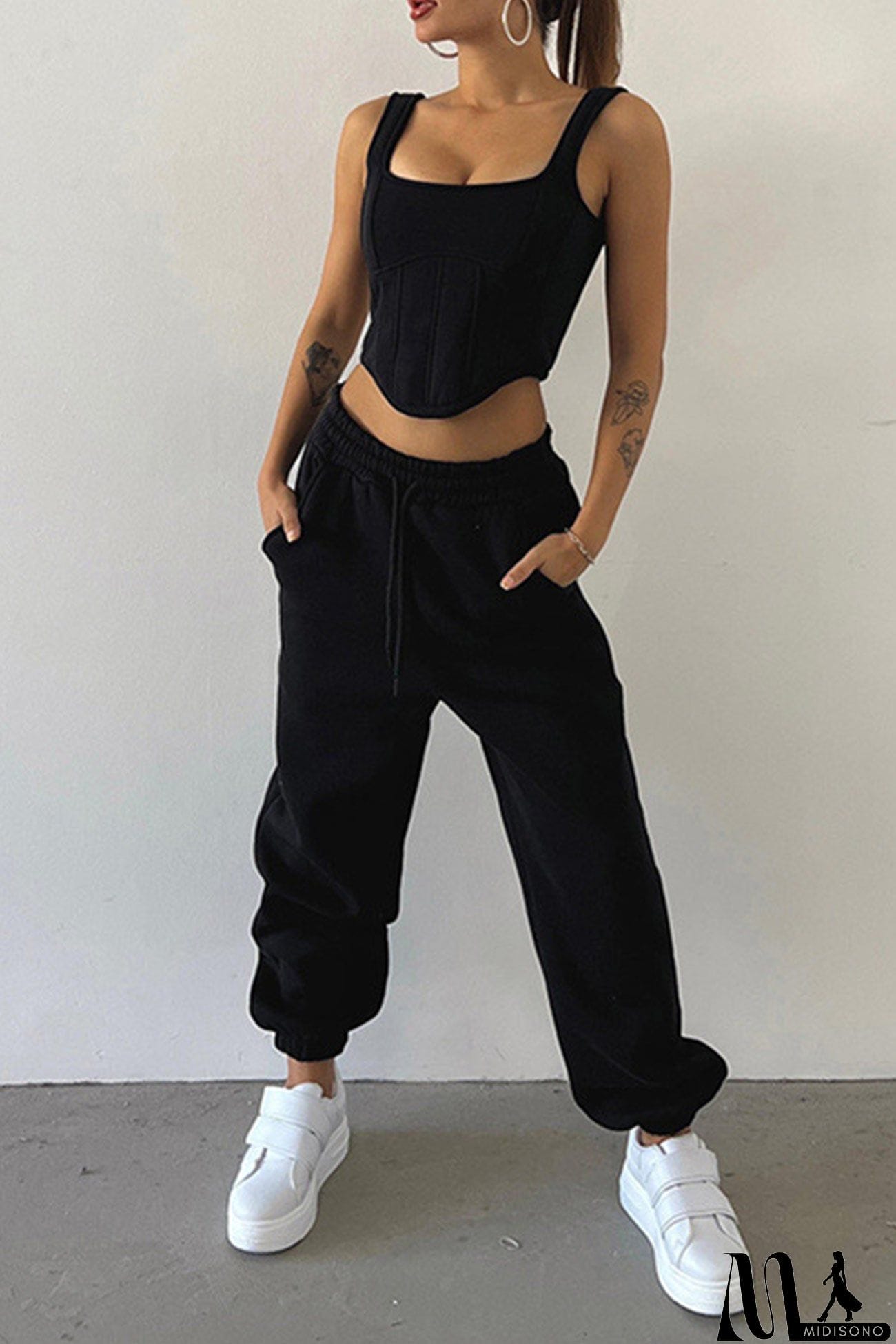 MidiSono - Cover-up Hoodie Corset Vest Three-piece Pants Suits