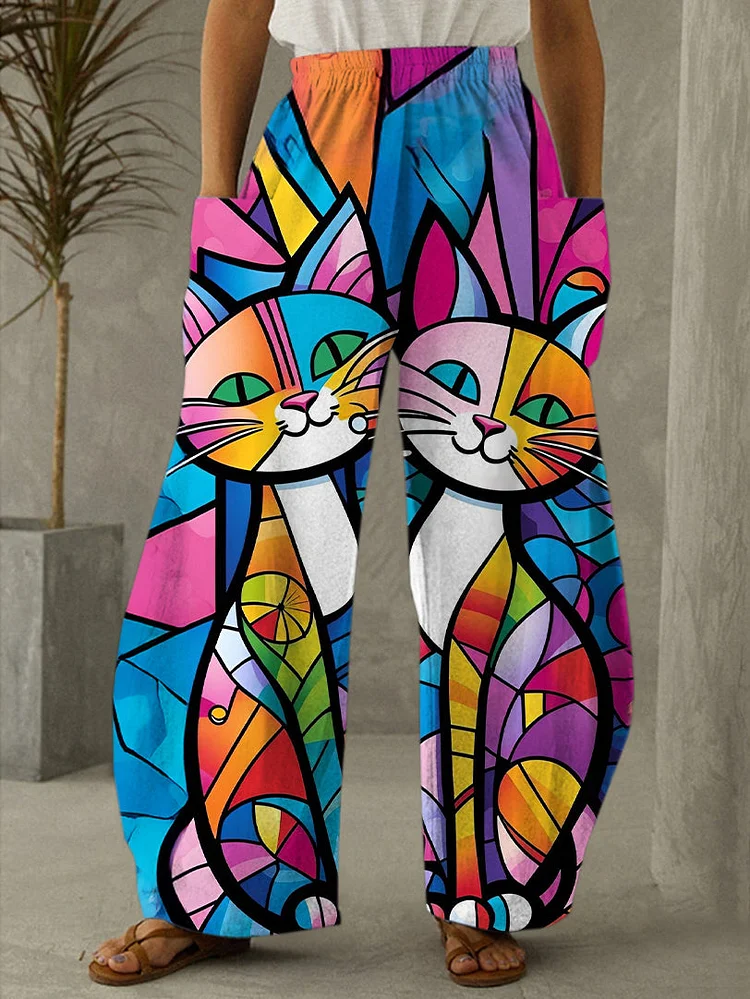 Women's Colorful Cat Print Casual Pants