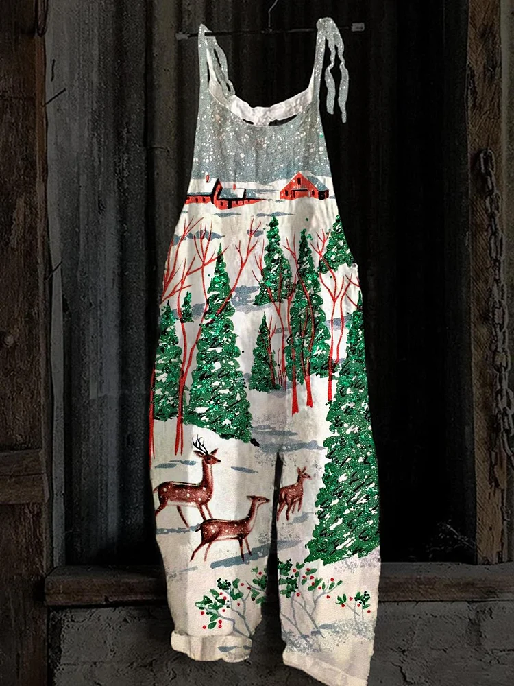 Women's Christmas Sika Deer Snow Scene Printed Casual Loose Overalls