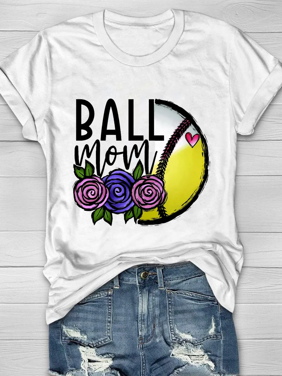 Baseball And Softball Mom Print Short Sleeve T-Shirt