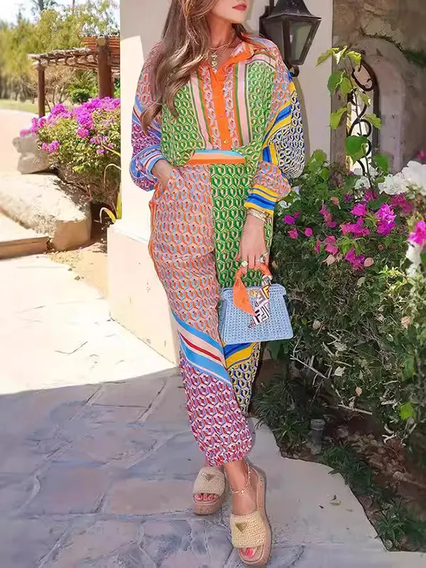 Multi-Color Patchwork Long-Sleeved Lapel Shirt Top + Baggy Pants Pocket Casual Pants Two-Piece Set