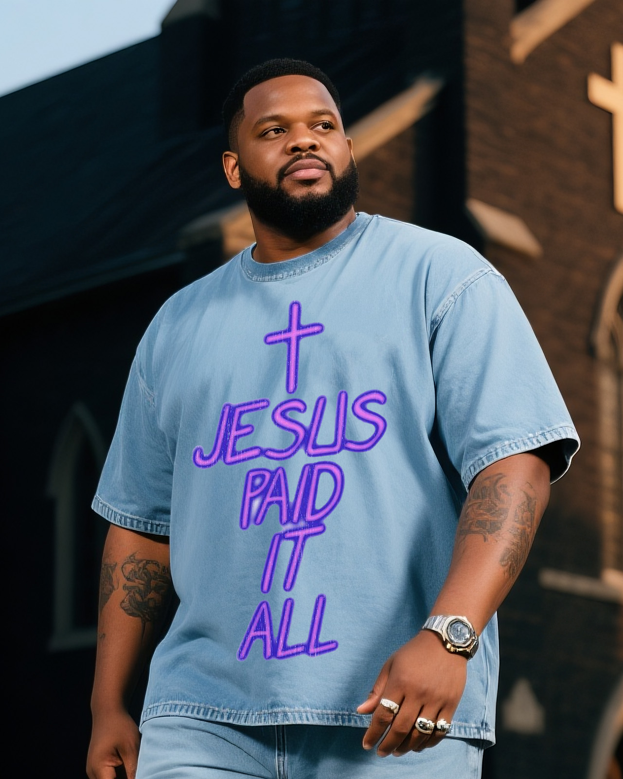 Plus Size Boys Jesus Paid It All Printed Short Sleeve Shorts Denim Suit