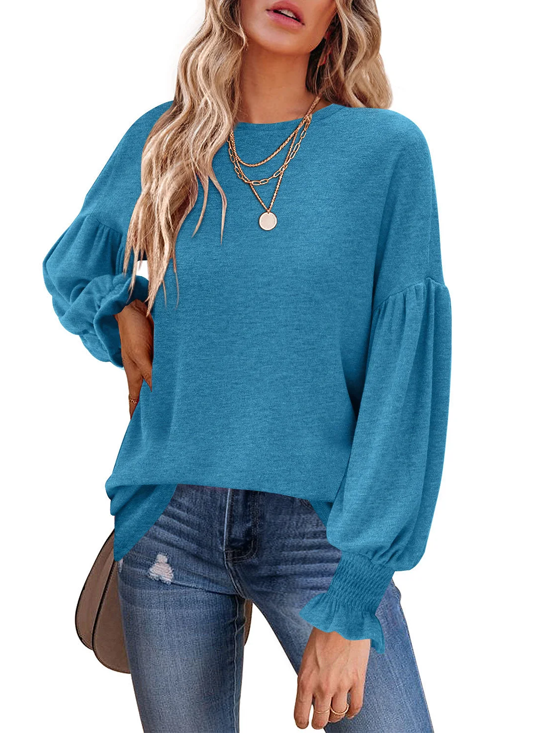 MIHOLL Womens Long Sleeve Top Crew Neck Ruffle Lantern Sleeve Casual Loose Blouse T Shirts