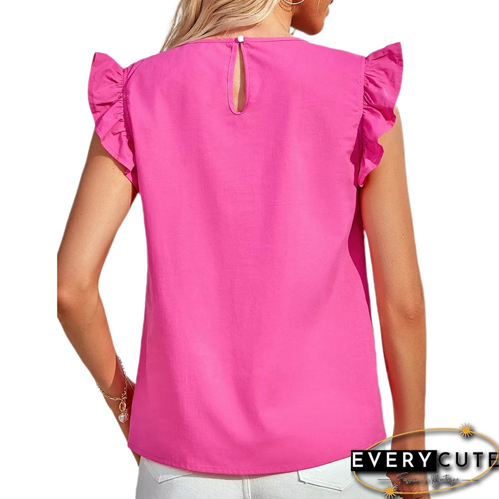 Pink Spliced Lace Neck Ruffled Sleeve Tank Top