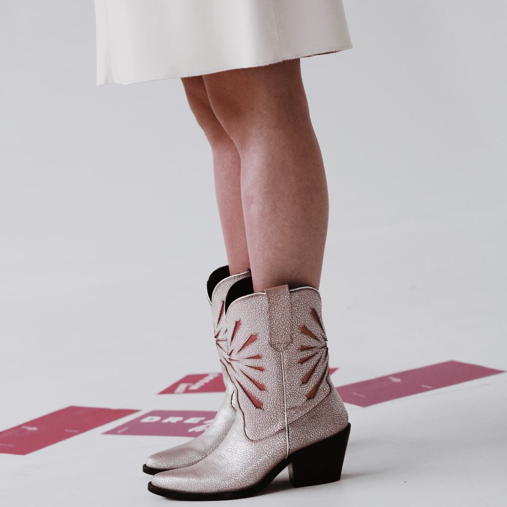 Metallic Pink Distressed Pointed Toe Patch-Work Cowgirl Ankle Boots